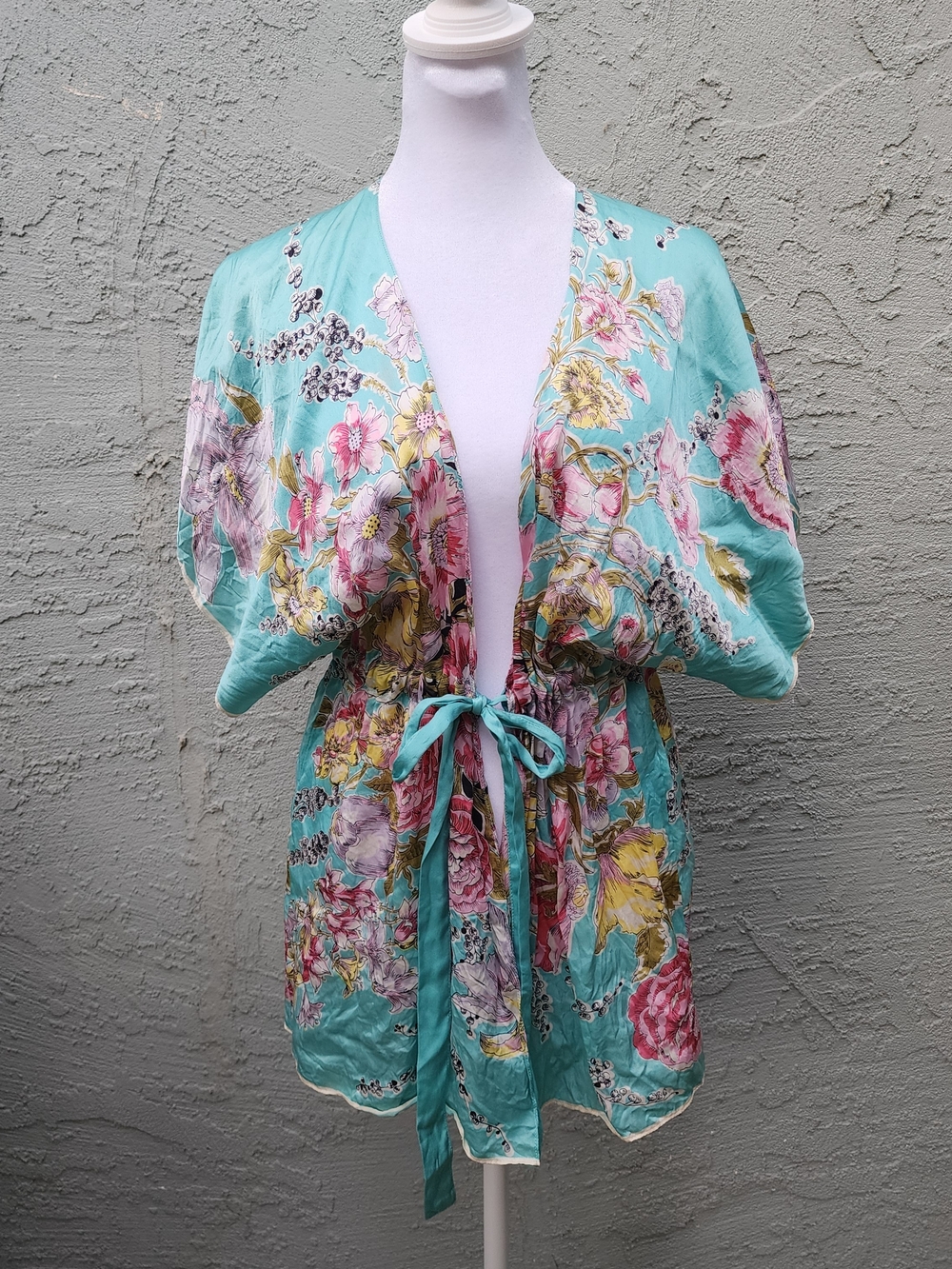 ✨ Cabi 100% Silk Floral Kimono Blouse Tie Front Turquoise Mint Green Size [S]